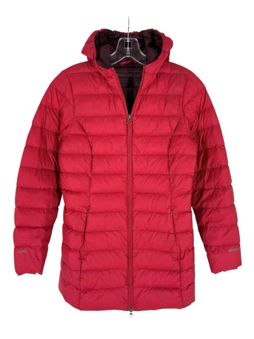 Eddie Bauer Down Puffer Coat Womens Size XS Red Full Zip Hooded 650 Fill Jacket